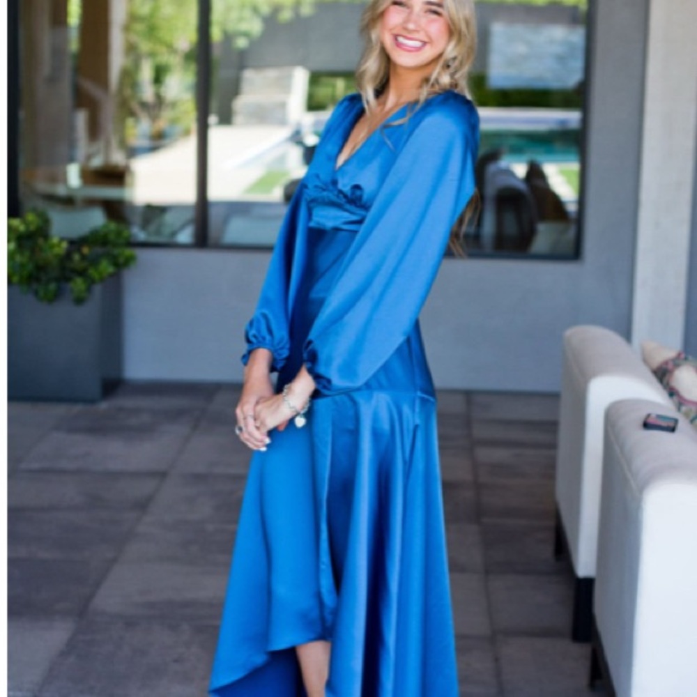 Lovely Teagan Blue Asymmetrical Gown with Bishop Sleeves